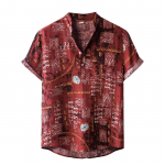 (SU)Meeste linane etniline l&uuml;hikeste varrukatega vabaaja tr&uuml;kiga Hawaii s&auml;rgi pluus T-s&auml;rk M punane