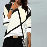 Naiste s&uuml;gistopsid lahtised kassi musta triibuga mustriga kausaalne pikkade varrukatega T-s&auml;rk top pluus 2XL valge