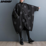 DIMANAF Plus Size 2023 S&uuml;gistalv Uued jakid Lahtised Batwing Varrukad Polka Dot Vintage Print Must vabaaja Trench Pikk mantel One Size must