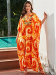 EDOLYNSA Plus Size Kaftan Oranž Boheemlaslik tr&uuml;kitud tikitud suvine Long Beach kleit Naiste Koduriietus Riietus Ujumiskost&uuml;&uuml;m Cover Up Lahti kaftan One Size oranž