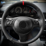 For BMW M Sport 3 5 Series E46 E39 M3 M5 Hand Braid Car Steering Wheel Cover Black Perforated Leather red blue line red strip