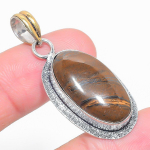 Natural Tiger Eye Gemstone Two Tone 925 Sterling Silver Pendant 1.77 l9o06