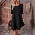 Suvised puuvillased ja linased vabaajakleidid naiste suures suuruses A Lnie &uuml;mmarguse kaelusega massiivne avar kleit Naiste elegantne volangidega vintage l&uuml;hike kleit 24180 S must