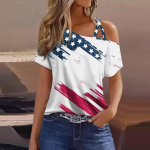 Naiste mood vabaaja iseseisvusp&auml;eva tr&uuml;kisega seksikas k&uuml;lma &otilde;laga l&uuml;hikeste varrukatega T-s&auml;rk L sinine