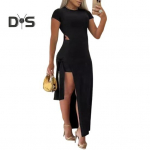 Naiste seksikas maksikleidikomplekt l&uuml;hikeste varrukatega, kaelusega k&uuml;ljelt l&otilde;hikuga kehakleit koos l&uuml;hikese suve&uuml;likonnaga pidup&auml;evaklubidesse L aprikoosi