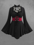 Rosegal Gothic lilleline pitspaneel pits Up Ruched Keyhole Flare varrukad As&uuml;mmeetriline korseti T-s&auml;rk XL must