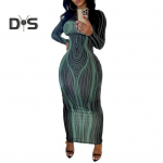 Naiste maksikleit Slim Fit k&otilde;hn mantliga pikkade varrukatega elastne &uuml;mmargune kaelus triibuline print, pehme &otilde;huke pahkluu pikkusega daami kevadine s&uuml;gispeokleit M hall