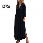 Naiste kleit V kaelusega avar &uuml;hev&auml;rviline k&uuml;lgserv, kolmveerand plisseeritud varrukatega kootud pehme vabaaja pehme hingav pahkluu pikkusega maxi kleit 3XL must