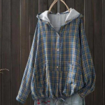 Naiste kapuutsiga kahekihiline puuvillane ruuduline s&auml;rk Retro vabaaja kardiganist lahtine top jakk One size