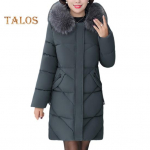 Talvine naiste puuvillane jope karvase kapuutsiga kaelakaitsega, suures suuruses taskud keskmise pikkusega t&otilde;mblukuga, polsterdatud mantel &uuml;hev&auml;rviline tuulekindel v&auml;lir&otilde;ivas Parka XXL hall