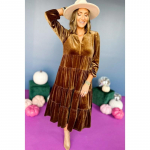 Naiste V-kaelusega sametist pikkade varrukatega kleidid lahtised mitmekihilised volangidega &auml;&auml;rtega suur kiik, plusssuuruses kleit S ingver