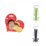 Kit pour biscuit en relief Coeur + 2 Stylos au chocolat vert clair et noir