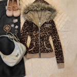 VAYLA Y2K Kuum T&uuml;druk S&uuml;gis Talv Harajuku Vintage Leopardimustriline Kitsas Sobivusega Huppar Naistele Gooti Karusnahkse Kraega Lukuga Pikkade Varrukatega Huppar S