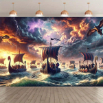 Viikingilaeva seinavaip, S&otilde;dalased purjetamas tormisel merel v&auml;lkudega, Eepiline norra lahingustseen Seinakunst Kodu &Uuml;hiselamu Sisustuseks 150x200cm59x79in gray