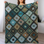 Heegeldatud sinine vanaema ruudu mustriga pleed talviseks voodikaunistuseks 150cmx180cm