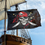 91,44x152,4cm Piraadilipp - Kahepoolne Jolly Rogeri disain punase b&auml;ndaanoga ja ristatud luudega, 100% pol&uuml;esterkiud, tugevdatud &otilde;mblused, 2 messingist G 120x180cm
