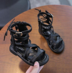 Lameda kontsaga t&uuml;drukute sandaalid Pehmed v&auml;ikesed t&uuml;drukute kingad Gladiaatori stiilis laste k&otilde;rged rooma kingad pahkluu avatud varvas 26 must