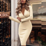 2023. aasta seksikas s&uuml;gava V kaelusega pikkade varrukatega kleit naistele Mood Vestidos Elegant Bodycon Y2k kleidid vabaaja &otilde;huke r&uuml;&uuml; 29759 S aprikoosi