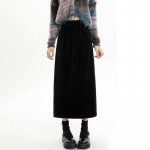 Kuldne sametine l&otilde;hikuga seelik naiste s&uuml;gis- ja talvine fliisvoodriga paksendatud k&otilde;rge v&ouml;&ouml;kohaga joonega seelik Elegantne vintage lahtine midiseelik XL must