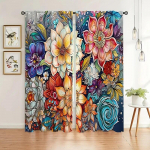 2 Paneeli V&auml;rviliste Lilledega Tr&uuml;kitud Boho Stiilis Kardinad Tunneliga Poolpimendavad Aknakardinad Elutoa Akendele W50xH130(CM)x2PCS-Grommet Top