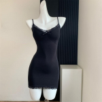 Y2K Retro Lace Patchwork Spagetti Rihm Must Bodycon Kleit Esteetiline Bow Club Peo Seksikad Naistekleidid S must