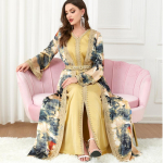 L&auml;his-Ida r&uuml;&uuml; Patchwork Muslim kaheosaline kleit, moslemi r&otilde;ivad, v&auml;liskaubanduse komplekt, naiste mood XXL kollane