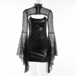 Gooti punk Balck kunstnahast 2 tk. Kleit Vintage Flare Sleeve Crop Tops Naiste Seksikad seljata Bodyconi &ouml;&ouml;klubikleidid L must