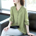 Naiste pluusid volangid T&auml;isvabalt sobivad naiste pluusid vabaaja V-kaelusega pikkade varrukatega s&auml;rgid tuunika M roheline