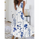 Suvised Maxi Vest kleidid Suure suurusega Rannakleit BOHO lilleline naiste V kaelusega naiste kleit XXXXXL sinine