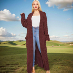 Pikkade kiududega kootud kardigan, elegantne &uuml;hev&auml;rviline pikkade varrukatega taskutega kampsun, naiste XXL kohv