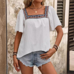 GMXIA Naiste mood vabaaja suvekevadine &uuml;hev&auml;rviline printimine l&uuml;hikeste varrukatega ruudu kraega pluusid ja s&auml;rgid S valge