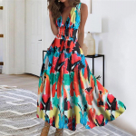 Naiste pikk kleit Maxi kleit vabaaja kleit Suvine vabaaja varrukateta V-kaelusega Boho v&ouml;&ouml;koha tagasit&otilde;mbega kleit tr&uuml;kiga L khaki