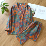 New Spring/Summer Pajama Set 100% Cotton Fragmented Flower Long Sleeved Pants Two Piece Buckle Set Ladies L gray