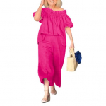 2 tk/kompl Naiste top ja p&uuml;ksid &uuml;likond volangiga &otilde;lgadel, l&uuml;hikeste varrukatega, plisseeritud pluus, laia s&auml;&auml;rega, l&otilde;dvad, &uuml;hev&auml;rvilised, l&uuml;hikesed p&uuml;ksid, puhkuse vabaaja riietus L roosa punane v&auml;rv