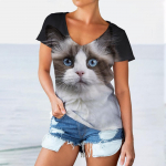 3D Funny Cats Prindiga T-s&auml;rgid Naistele V-kaelusega l&uuml;hikeste varrukatega vabaaja mood Kawaii Graphics T-s&auml;rk Suur naiste t&uuml;drukute riided S