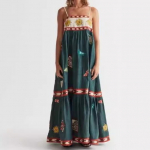 Naiste boho lilleline rannasuvikleit varrukateta suvine maksikleit spagettipaeltega vabaaja smock-stiilis voolav A-l&otilde;ikeline kleit peoks pikad kleidid naistele S roheline