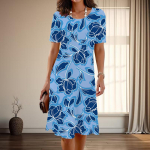 Naiste moodne graatsiline lilleprindiga suvine kevadine l&uuml;hikeste varrukatega O-kaelusega vabaajakleidid XS sinine