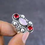 Pink Chalcedony,Garnet Handmade 925 Sterling Silver Ring S.11 Gift For Her a3v20