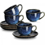 6,5 untsi cappuccino tassid alustassidega, komplekt 4 tk, keraamilised kohvitassid au lait'i, topelt espresso, latte, cafe mocha jaoks other sinine
