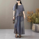 Suvine Retro Etnilise Pandla Prindiga Spleissitud Pesitud Denim T-s&auml;rk Naistele, Elastse V&ouml;&ouml;kohta K&uuml;ljelt Kitsenev A-l&otilde;ikeline Seelikukomplekt One Size sinine