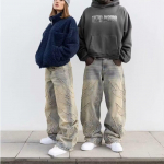 Meeste Baggy Esteetilised Streetwear Jeans Mees Retro Mood Laiad S&auml;&auml;red Denim P&uuml;ksid Graafilised Tikitud Disainer Hip Hop Denim P&uuml;ksid S