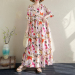 Suur suurus boheemlaslik l&uuml;hikeste varrukatega puuvillane vintage lilleline kleit naistele, &uuml;lem&otilde;&otilde;duline vabaaja lahtine pikk suvekleit, elegantne riietus One Size