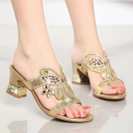 Suvised naiste kingad Kalasuuga Teemant Elegantne Paks K&otilde;rge Kontsaga Sandaalid Keskmise Kontsaga Mood Vabaaeg Kivist Peosandaalid 34(Foot 22cm) beige