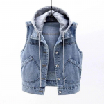 Denim Vest Naiste kevadised s&uuml;gisriided Varrukateta metsikud topid L&uuml;hike kapuutsiga jakk Naiste Denim Teksad Vest jakk Naine XL