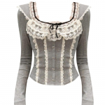 S&uuml;gis naised Prantsuse vintage esteetilised pikkade varrukatega T-s&auml;rgid Mori Girl Lace Coquette Square Collar Crop Tops Maillard Fairy Core S hall