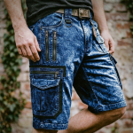 Meeste pestud teksist cargo-l&uuml;hikesed p&uuml;ksid, lukuga, mitme taskuga, vabaaja, lai, p&otilde;lvini pikkusega, vintage, suvised, v&auml;litingimustes, l&uuml;hikesed p&uuml;ksid 3XL tumesinine v&auml;rv