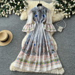 Vintage lilleprindiga maksikleit naistele Luksuslik p&auml;rlitega kaunistatud laia varrukaga plisseeritud kleit Elegantne pikk peokleit pulmak&uuml;laline Boheemlaslik kleit S sinine