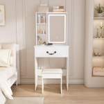 Kaasaegne minimalistlik tualettlaud koos h&auml;mardatava LED-peegliga &ndash; Kompaktne peidetud panipaiguga, sisaldab. Polsterdatud taburet, Valge, L60/K131,5/S36cm. 60 x 36 x 131.5 cm valge