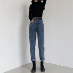 Naiste k&otilde;rge v&ouml;&ouml;kohaga Boyfriend teksad naistele haaremip&uuml;ksid Denim Street Style kattega pikk teksa High Street Plus-suuruses naiste teksad S sinine
