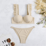 Seksikas kortsitud traadiga k&otilde;rge s&auml;&auml;rega bikiinid Naiste ujumisriided Naiste ujumistrikoo Kaheosaline bikiinikomplekt supelkost&uuml;&uuml;m ujumine S beež